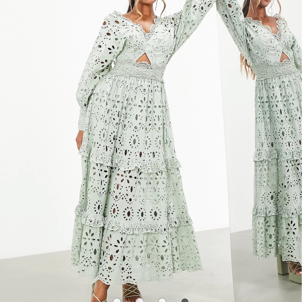 ASOS EDITION v neck broderie midi dress with puff sleeves in sage green